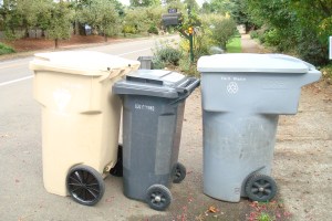 dsc00699 Recycling bin, trash can, yard waste bin at Corvallis curbside (from left to right)