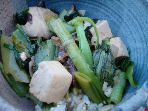 Mustard Greens, Shitake, Snap Pea and Tofu Stir-Fry