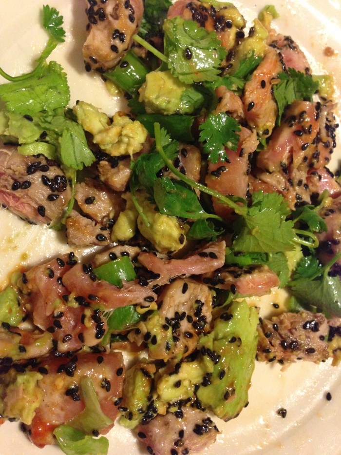 Justin's also had pretty local yellowtail tuna. I made a small sushi-grade piece into seared tataki, with avocado, cilantro, scallions and black sesame seeds.
