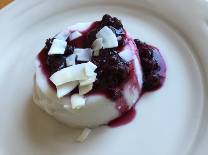 Coconut milk panna cotta, congealed with agar-agar instead of Knox gelatin. (From Heidi Swanson's "Super Natural Cooking")